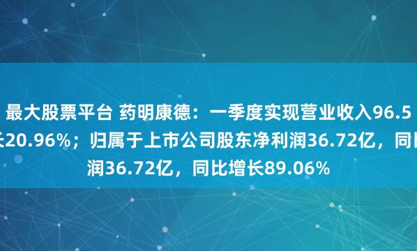 最大股票平台 药明康德：一季度实现营业收入96.55亿，同比增长20.96%；归属于上市公司股东净利润36.72亿，同比增长89.06%
